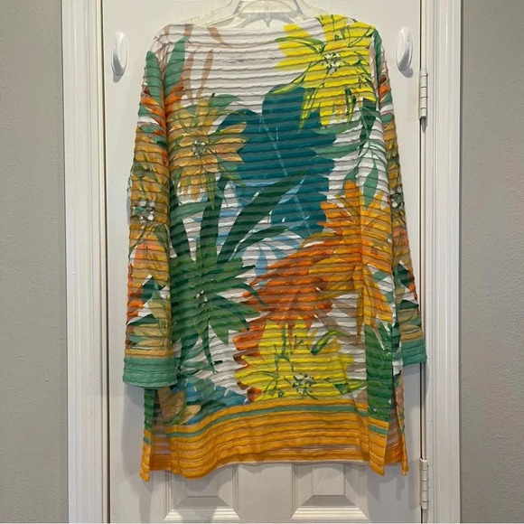 Soft Surroundings Top Womens XL Yellow Green Floral Tunic Tropical Textured - Picture 2 of 10